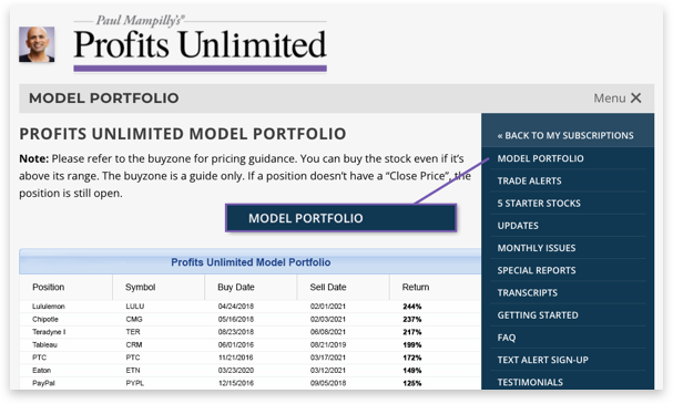 Screen shot of the Profits Unlimited model portfolio