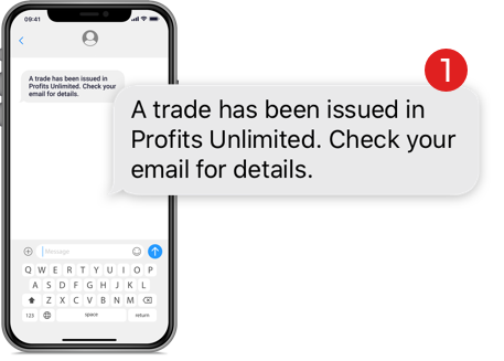 An iphone with a trade alert notication from Profits Unlimited
